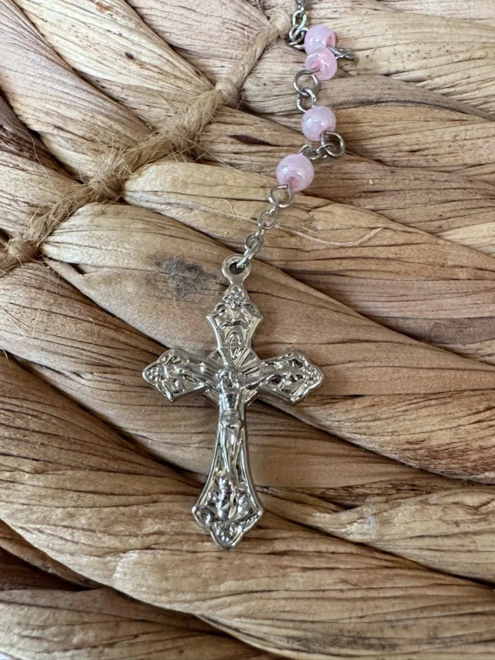 Roman Baby Rosary Set with Pink Beads and Decorative Cross